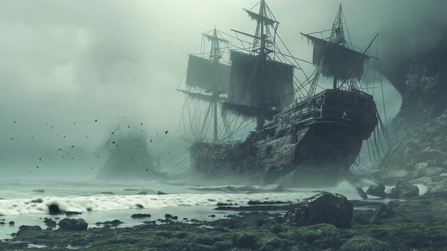 Ghost pirate ship wrecking on a rocky, foggy coast