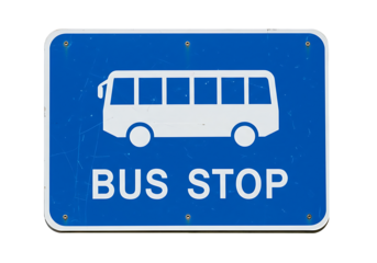 Blue bus stop sign with white bus icon and text indicating a designated public transportation waiting area