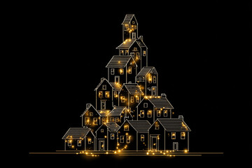 Minimal Christmas Tree Made of Stacked House Outlines with Yellow Lights