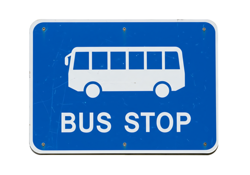 Blue bus stop sign with white bus icon and text indicating a designated public transportation waiting area