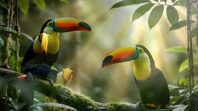 Colorful Toucans in Lush Habitat: Two vibrant toucans perch on a branch, their vivid beaks and plumage standing out against the dense green foliage of their natural rainforest sanctuary.