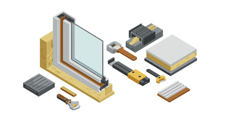 Isometric window frame construction with tools and materials