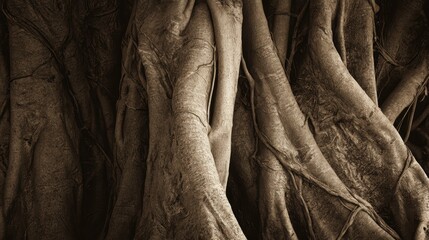 Obraz premium Magnificent banyan tree roots create abstract organic texture forming nature inspired wallpaper background with detailed patterns