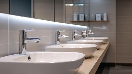 Row of white ceramic sinks in a public restroom, each with chrome faucets and soap dispensers, minimal and clean layout