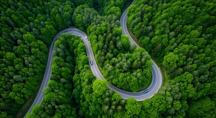 Stunning aerial view shows a winding asphalt road forming a perfect heart shape through a lush green forest.