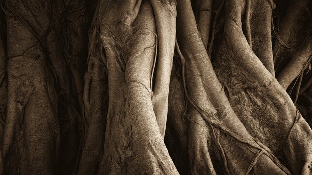 Magnificent banyan tree roots create abstract organic texture forming nature inspired wallpaper background with detailed patterns