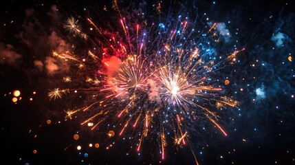 Fototapeta premium Shimmering fireworks explosion showing red, gold, and blue sparks isolated on black background, perfect for holiday celebration theme