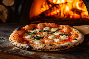 Margherita pizza fresh from a wood-fired oven.