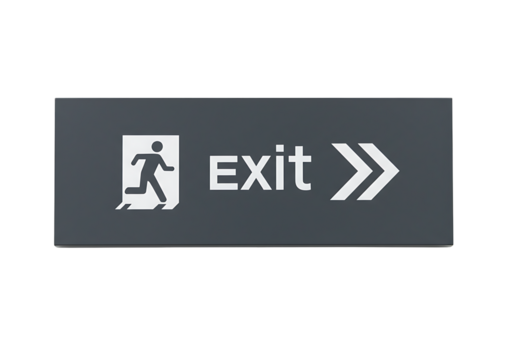 Essential directional exit sign for emergency evacuation guidance with clear running person symbol and prominent arrows on a dark background