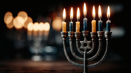 Elegant menorah glows with warmth and tradition during Hanukkah celebration with soft bokeh light