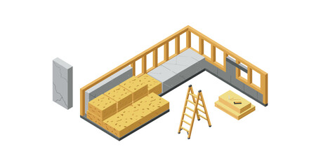 Isometric construction site with wall frames and building materials