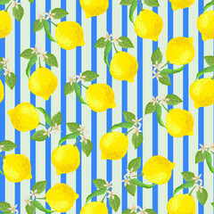 Lemon seamless citrus vector pattern on striped background. Hand drawn illustration with lemons.	
