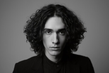 Young man with curly hair poses confidently in black and white studio portrait showing intense expression. Generative AI.