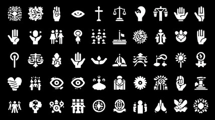 Collection of diverse white spiritual and symbolic icons on a black background.