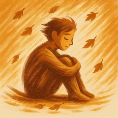 Person sitting alone with falling autumn leaves illustration