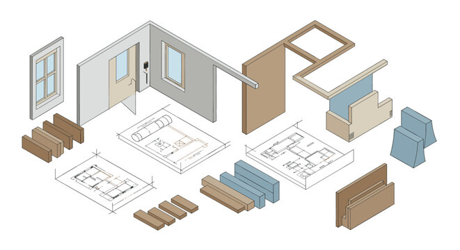 Modern isometric architectural elements with floor plans and construction components