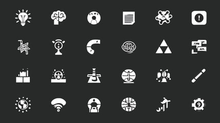Collection of various white icons representing different concepts and ideas on a dark background.