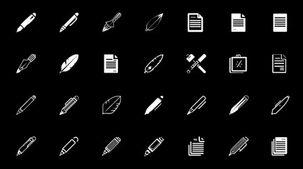 Collection of various writing tools and documents arranged on black background.