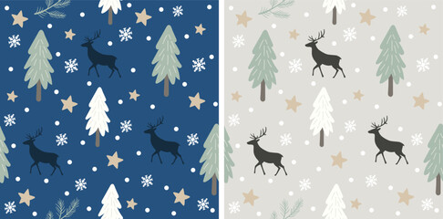 Christmas Winter Pattern with Reindeer, Snowflakes, and Pine Trees | Scandinavian Holiday Background