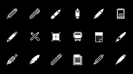 Collection of White Writing and Drawing Tool Icons on Black Background.