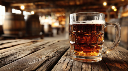 Enjoy a refreshing pint of amber beer in a rustic tavern setting a cozy evening out