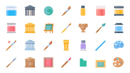 Colorful Flat Icon Set of Art Supplies and Museum Buildings.