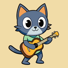 Cartoon Cat Playing Guitar Music Character Illustration