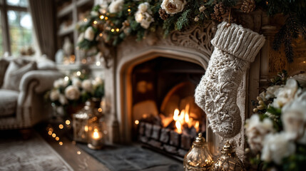 cozy living room scene featuring a beautifully decorated Christmas tree beside a warm fireplace, soft brown and gray tones, inviting ambiance with depth of field and bokeh effects,