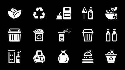 Monochrome vector icon set for garbage sorting and recycling.