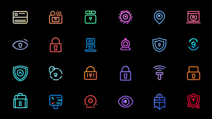 Neon security icons on black background representing digital safety.