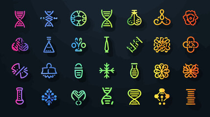 Neon science symbols representing various scientific concepts and elements.