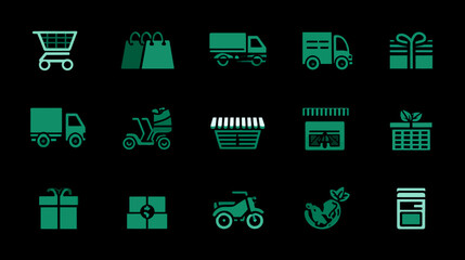 Online Shopping and Delivery Icons Set in Green Neon Style.