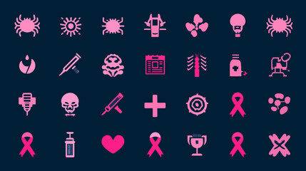 Pink cancer awareness icons representing various medical and health symbols.