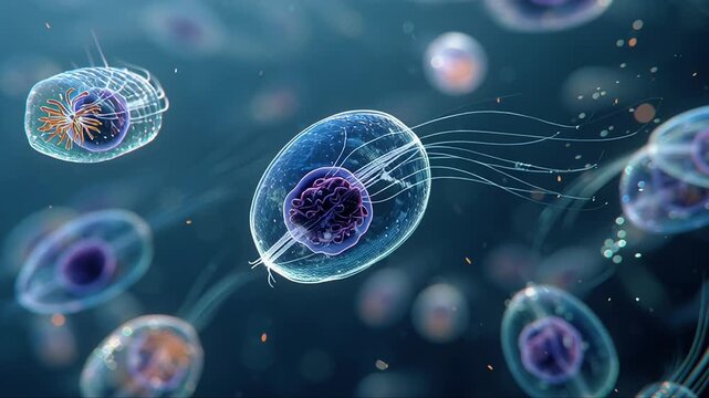 Microscopic visualization of plankton and microorganisms floating in ocean water. Concept of marine biology