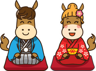 干支のうま 和装で新年を祝う正座イラスト（メスの馬・年賀・和風デザイン）