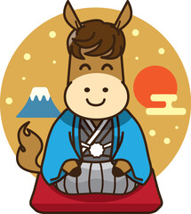 干支のうま 和装で新年を祝う正座イラスト（オスの馬・年賀・和風デザイン）