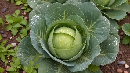 Fototapeta premium Fresh green cabbage head with dewdrops growing in a garden.