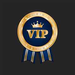 Golden vip badge with crown, VIP premium membership golden badge on black background, Medal award gold gradient, Vector illustration.
