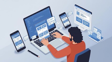 A person with a beard sits before a laptop, surrounded by phones and monitors, all displaying code and UI elements