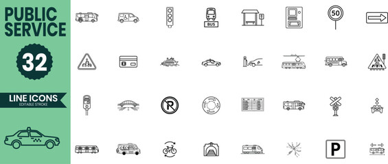 Public Service Line Icons Set – 32 Minimalist Transportation and City Service Symbols