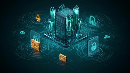 A digital data server, encased by crystals, surrounded by circuit patterns, with security symbols like locks and walls - Powered by Adobe
