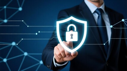 Cybersecurity concept with businessman touching shield icon for data protection and network security