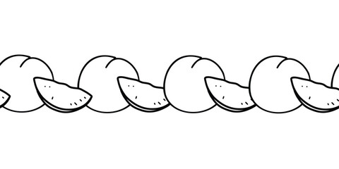 Peach seamless border in minimalistic style. Hand drawn Black and White line art of whole Fruit and Cut Slices graphic pattern. For product packaging, tape and fabric prints.