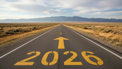 Naklejka premium Road asphalt arrow 2026 new year sunrise sky, marking future journey travel direction, embodying motivation inspiration vision business plan success improvement.