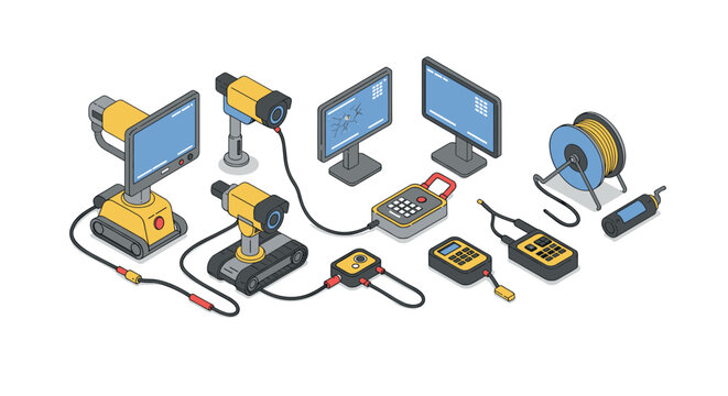 Isometric network cable installation tools and electronic devices on white background