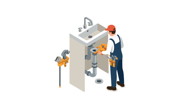Isometric plumber fixing sink with tools in modern bathroom setting