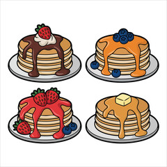 breakfast pancakes with different syrup and fruit toppings vector art isolated on white background