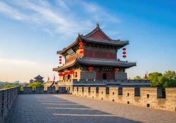 Naklejka premium Ancient Chinese City Wall of Xi'an fortification with Red Lanterns in Summer