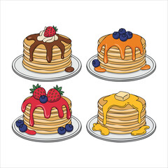 breakfast pancakes with different syrup and fruit toppings vector art isolated on white background