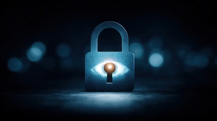 Fototapeta premium A visually striking padlock with an eye motif, symbolizing security and vigilance in a digital age, set against a dark, blurred background.
